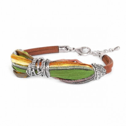 Pulsera plata la bruixeta seda y cuero 19 a 21cm - BRU1548PS