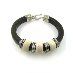 Pulsera Platadepalo plata hueso cuero  - L4C