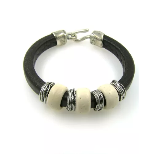 Pulsera Platadepalo plata hueso cuero  - L4C