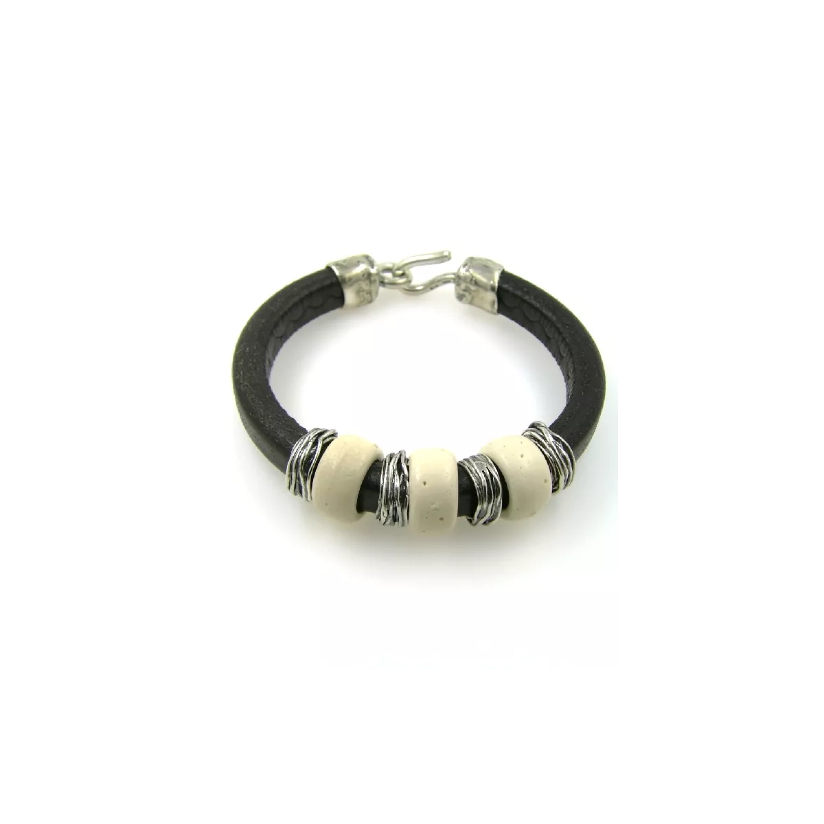 Pulsera Platadepalo plata hueso cuero  - L4C
