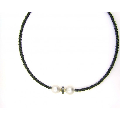 Colgante cable oro y acero rigido perla y brillantes - G-10830