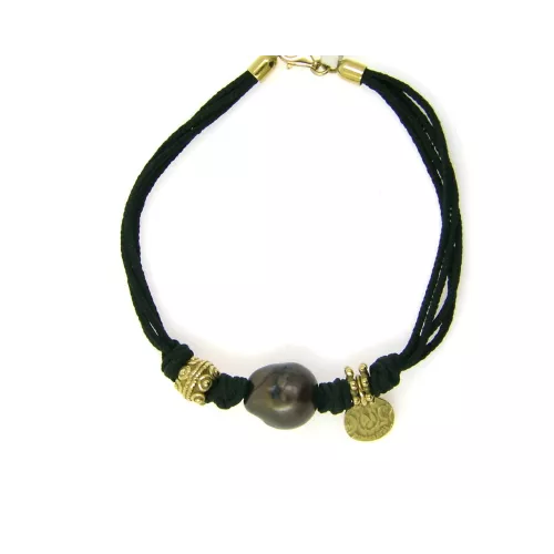 Pulsera oro amarillo perla gris nylon negro - 705BRM-3