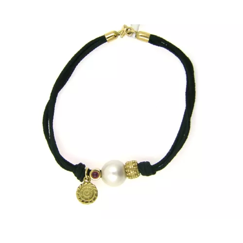 Pulsera oro amarillo rubi, perla y nylon negra - 705BR-14